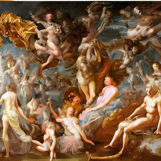 Prompt: emergent of the intelligent machine, these beings are the AI embodied, epic painting, rococo, masterpiece