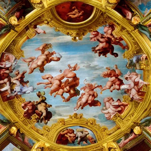Prompt: A baroque painting of dogs running in fields of flowers, painted on the ceiling of a basilica by Michelangelo, gold and red color palette