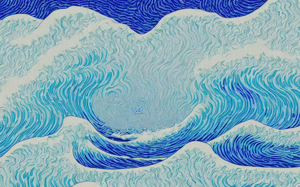 Image similar to a beautiful quiet beach in okinawa, fractal waves. japanese embroidery. retro minimalist art by jean giraud and van gogh.