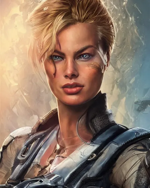 Prompt: Margot Robbie as an Apex Legends character digital illustration portrait design by, Mark Brooks and Brad Kunkle detailed, gorgeous lighting, wide angle action dynamic portrait