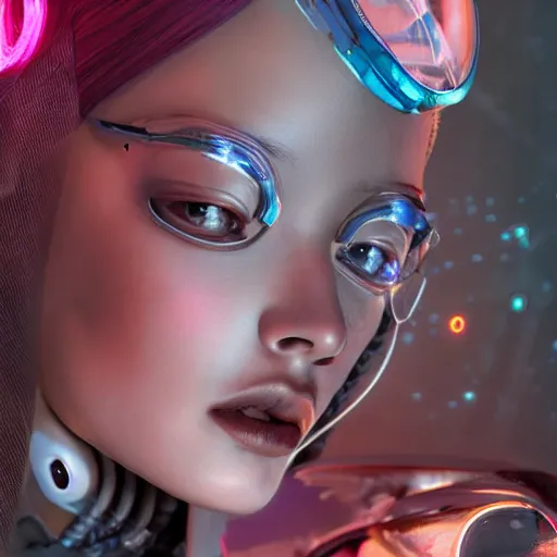 Prompt: a space - girl, 1 / 6 james jean, cyberpunk, hyper - realistic, 4 k, unreal engine, highly detailed