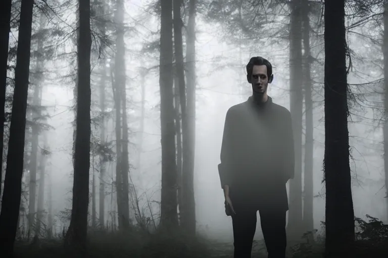 Prompt: a cinematic headshot portrait of a skinny evil male scientist, in a spooky forest, fog, portrait, portrait, portrait, shrubbery, 8 k, detailed, backlight, deep focus, movie still, moody lighting, by werner herzog