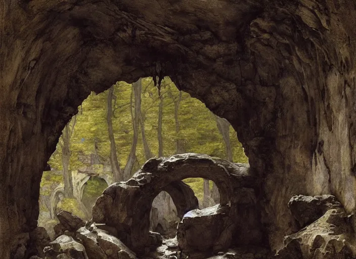 Image similar to underground cavern. fallen door. collapsed before the archway ( clearly once set in the arch ). heavy stone ( dark grey, pockmarked ). edgar maxence and caravaggio and michael whelan and delacroix style, artistic, intricate painting, cinematic lighting, hyper realistic, extremely detailed, vivid colors, establishing shot, dramatic lighting.