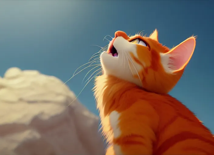 Image similar to a portrait of ginger cat yawning, close up, studio ghibli, pixar and disney animation, sharp, rendered in unreal engine 5, clear sky, anime key art by greg rutkowski, bloom, dramatic lighting