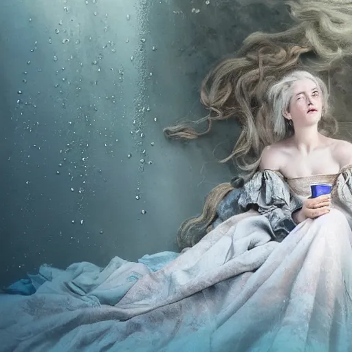 Image similar to A 18th century, messy, silver haired, (((mad))) elf princess (similar to young Kate Winslet), dressed in a ((ragged)), wedding dress, is ((drinking a cup of tea)). Everything is underwater and floating. Greenish blue tones, theatrical, (((underwater lights))), high contrasts, fantasyconcept art, inspired by John Everett Millais's Ophelia