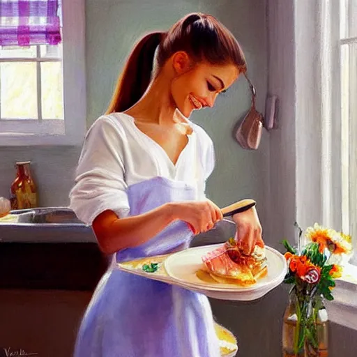 Prompt: Ariana Grande making breakfast for her husband, painting by Vladimir Volegov