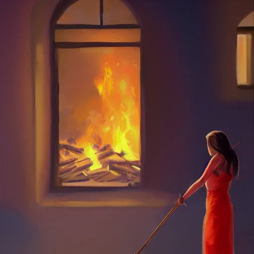 Prompt: a woman holding a spear watching a house on fire, digital art, oil on canvas, trending on Artstation, award-winning