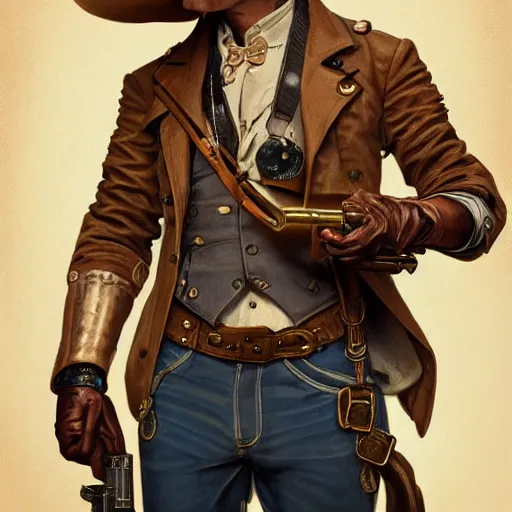 Image similar to vintage portrait of a western steampunk male holding a gun, highly detailed, digital painting, art by Stanley Lau and Artgerm and magali villeneuve and Alphonse Mucha, artstation, octane render, cgsociety