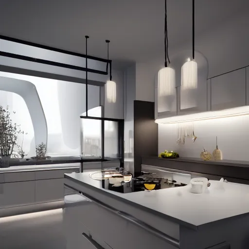 Prompt: futuristic kitchen, cosy lighting, ultra realistic details 8k
