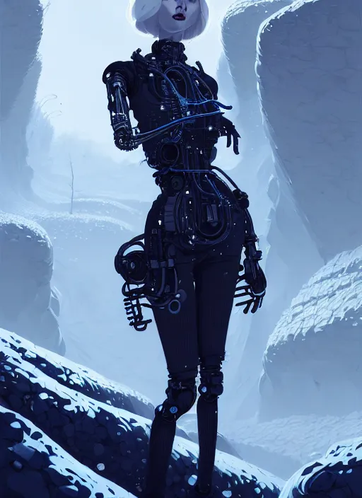 Image similar to highly detailed portrait of a hopeful frostpunk long blonde hair lady with robotic limbs, stray wiring by atey ghailan, james gilleard, by joe fenton, by greg rutkowski, by greg tocchini, by kaethe butcher, 4 k resolution, gradient blue, black and white color scheme!!! ( ( glacier cave background ) )