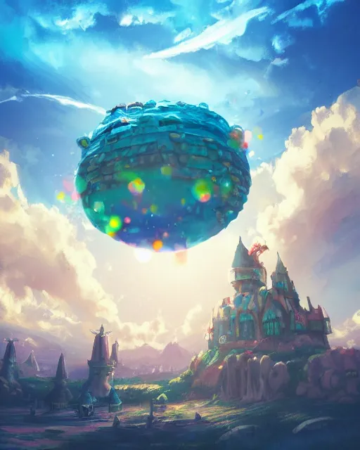 Image similar to flying cloud castle, bubble buildings, illustration, bright, blue sky, mountains, colorful, cinematic lighting, fantasy, high detail, masterpiece, artstation, 4 k, art by wylie beckert