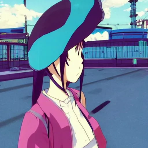 Prompt: anime girl with very large beret, beret over eye, cel - shading, 2 0 0 1 anime, flcl, jet set radio future, golden hour, underground facility, underground tunnel, pipes, rollerbladers, rollerskaters, cel - shaded, strong shadows, vivid hues, y 2 k aesthetic