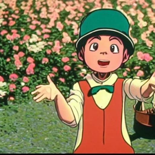 Image similar to a film still of Tooru from jojolion in willy wonka and the chocolate factory(1971)