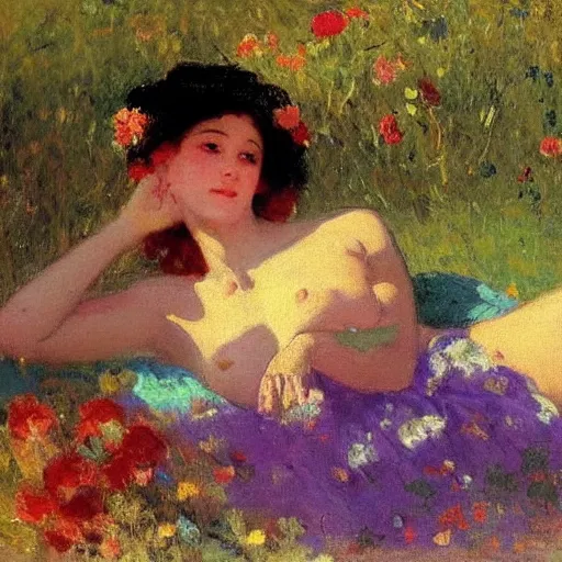 Prompt: beautiful woman with glowing, youthful skin lounging on beach, idyllic scene, birds and flowers around her, by ilya repin, colorful