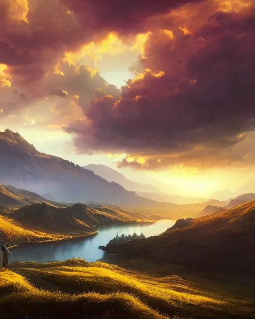 Image similar to A real photographic landscape painting with incomparable reality . Overlooking the mountains and rivers , lakes , clouds and sunshine ,burning clouds , Colorful world ,fairy tale , light effect , Dream , Dindar light , Greg Rutkowski , unreal engine , Super realistic painting style ,UE4,4k, UHD , super wide ,wlop ,artstation.