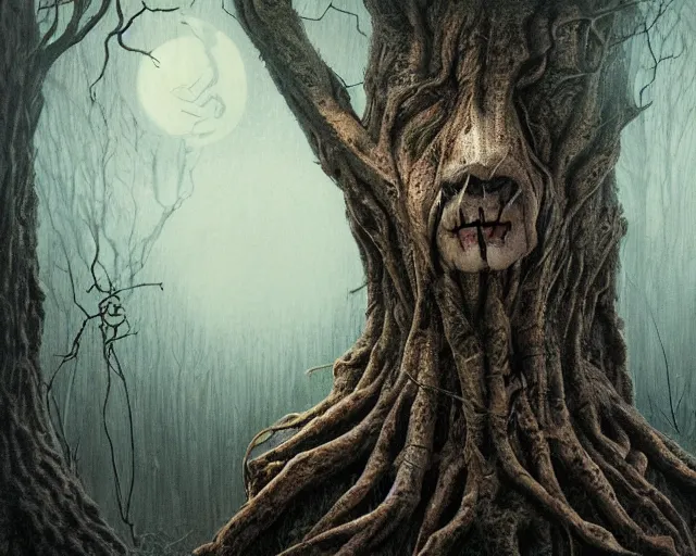 Prompt: a talking oak tree, a face in the bark, nose made of wood, eyes in the bark, mouth in the bark, horror concept art, scary, sharp teeth, digital painting, oil painting, hyperrealistic, treebeard, ent, highly detailed, moonlight, very detailed eyes, artstation, cgsociety, in the forest, by alan lee, by artgerm