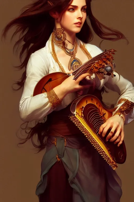 Image similar to beautiful bard holding a mandolin, accurate anatomy, only two hands, highly detailed, digital painting, artstation, concept art, smooth, sharp focus, illustration, Unreal Engine 5, 8K, art by Artgerm and greg rutkowski and alphonse Mucha