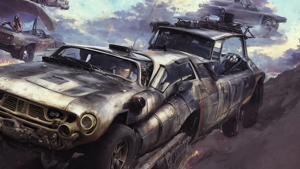 Image similar to anime illustration of mad max's fj 4 0 pursuit special, the last v 8 interceptor driving down to the gates of valhalla highway, riding fury road eternal shiny and chrome, world of fire and blood, by makoto shinkai, ilya kuvshinov, lois van baarle, rossdraws, basquiat, global illumination ray tracing hdr