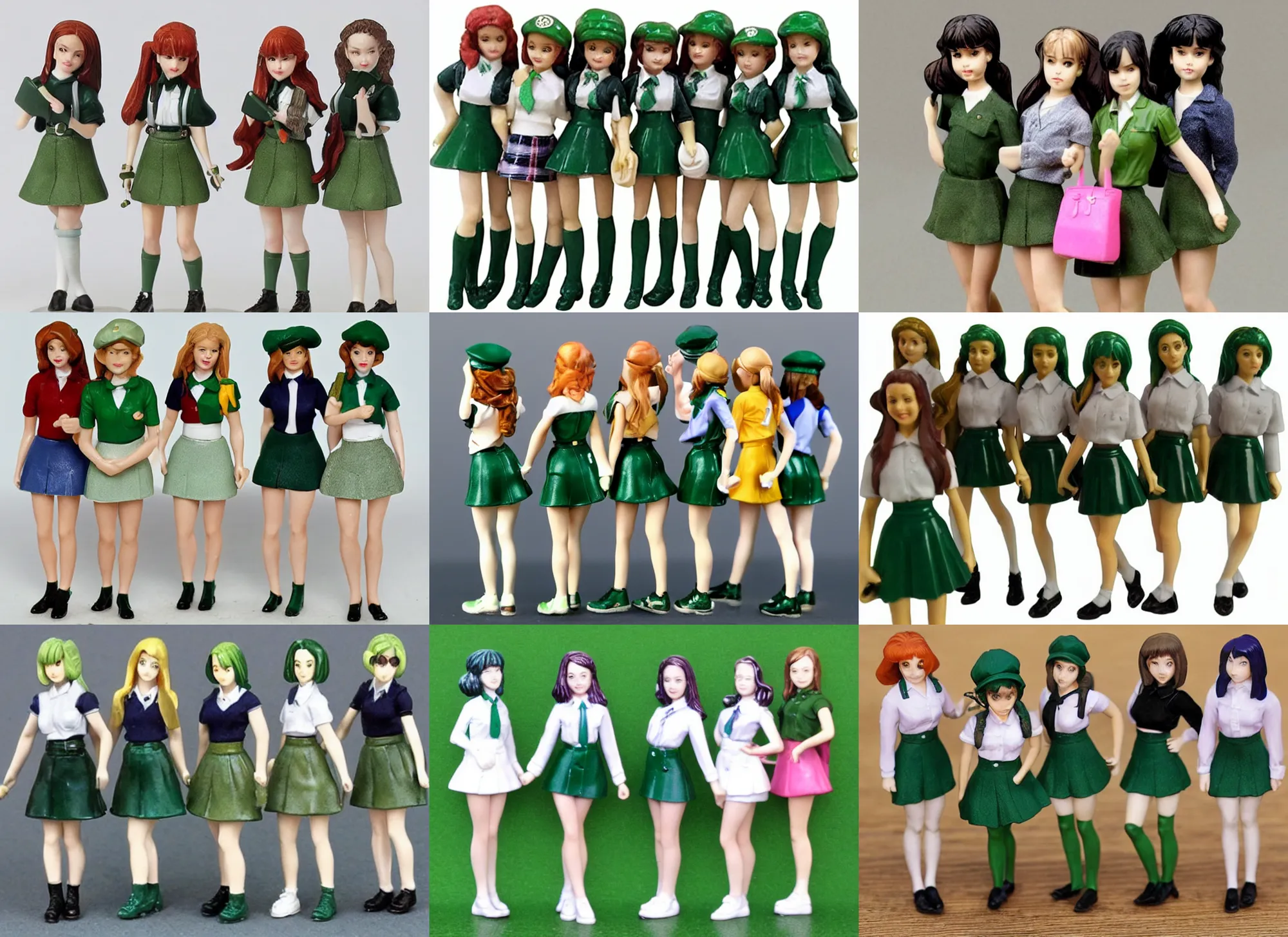 Prompt: Image on the store website, eBay, Full body, 80mm resin detailed miniature of five school girls in deep green mini-skirts, caps, bags