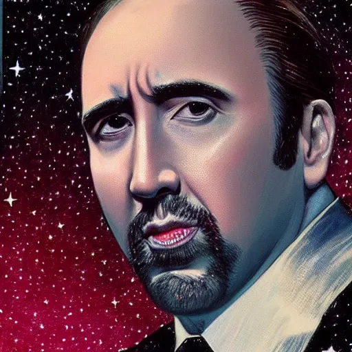 Image similar to nicholas cage amazed expression, cosmic starfield background oil painting masterwork trending on artstation