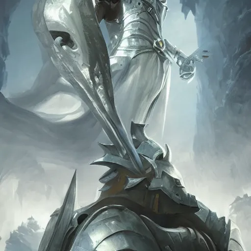 Image similar to a giant white chess knight piece, knight chess, glowing chess knight, knight chess piece, knight chess, chess knight, battlefield background, bright art masterpiece artstation. 8 k, sharp high quality artwork in style of jose daniel cabrera pena and greg rutkowski, concept art by tooth wu, hearthstone card game artwork, chess knight