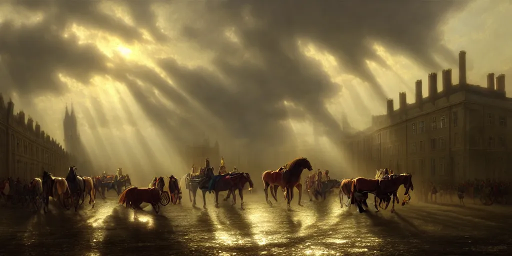 Prompt: 1 8 th century london, god rays, carriages with horses, digital art, landscape, fantasy art, octane render, ureal engine, high detail, very realistic, by greg rutkowski. by james gurney