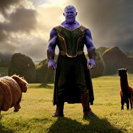 Prompt: Thanos as Frodo Baggins, the shire, short person, the ring, lord of the rings, photobomb by an alpaca