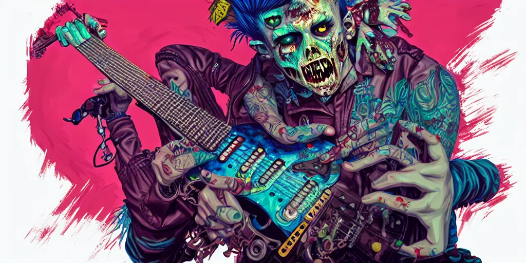 Image similar to a zombie punk rocker with a mohawk playing electric guitar, tristan eaton, victo ngai, artgerm, rhads, ross draws, cinematic by francis tneh