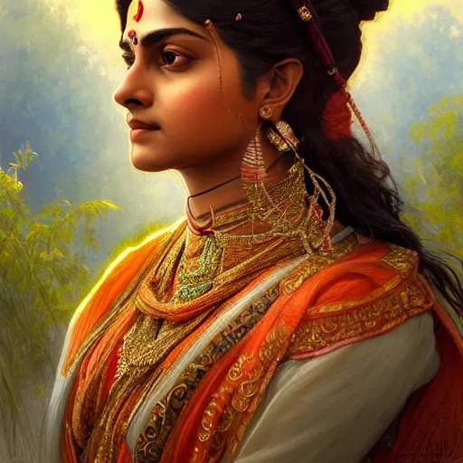 Image similar to beautiful portrait of rani laxmi bai, real life photo, natural beauty expressive pose, fantasy, intricate, elegant, highly detailed, digital painting, artstation, concept art, smooth, sharp focus, illustration, art by artgerm and greg rutkowski and alphonse mucha