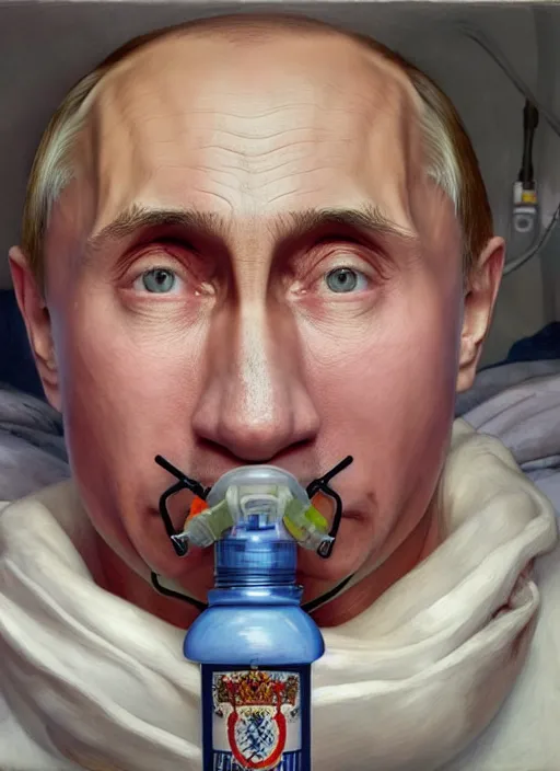 Image similar to a super very hyperrealistic oil painting of ill Vladimir Putin as a patient wearing an oxygen mask on a death bed inhaling from Copium tank that stand near his bed, visible face, by Laurie Greasley, Lawrence Alma-Tadema, Dan Mumford, artstation, deviantart, FAN ART, full of color, Digital painting, face enhance, highly detailed, 8K, octane, golden ratio, cinematic lighting