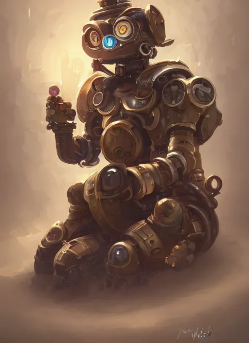 Image similar to a highly detailed illustration of gentle cute giant steampunk robot, cute glowing eyes and smile, adorably sitting gentle pose, intricate, elegant, highly detailed, centered, digital painting, artstation, concept art, smooth, sharp focus, league of legends concept art, WLOP