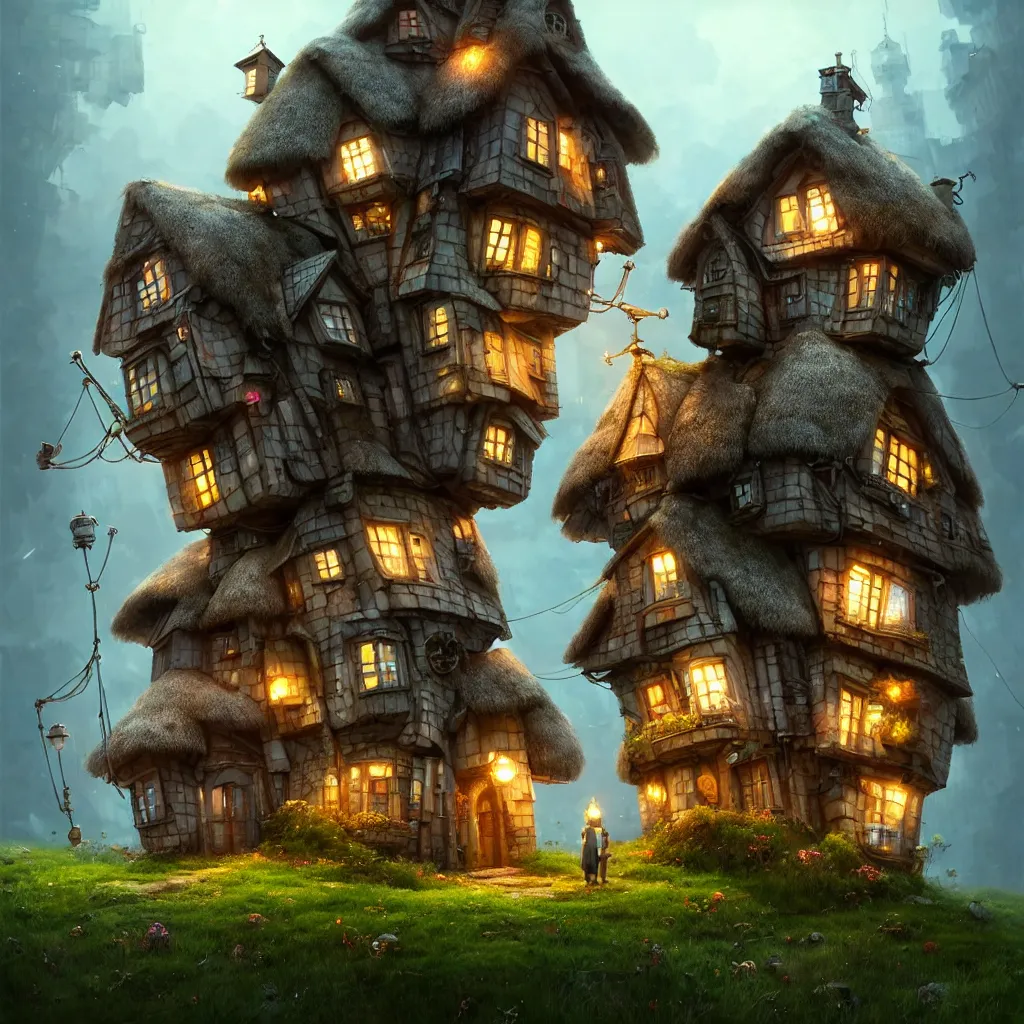 Image similar to gediminas pranckevicius high quality 3 d render very cute cyborg cottage! incorporated speakers!, cyberpunk highly detailed, unreal engine cinematic smooth, in the style of blade runner & detective pikachu, hannah yata charlie immer, moody light, low angle, uhd 8 k, sharp focus