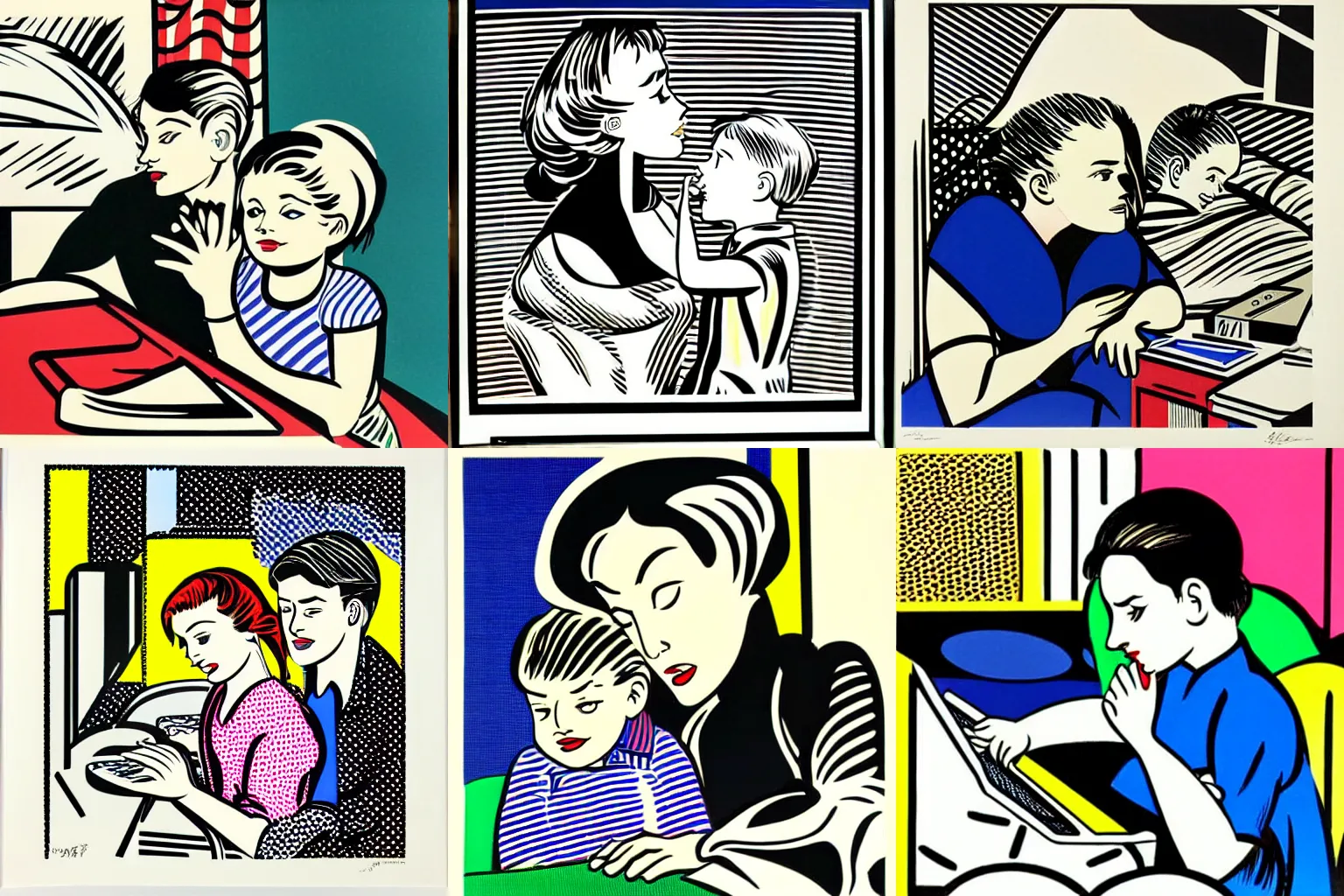 Prompt: Mother and son looking at a computer screen, lithograph by roy lichtenstein