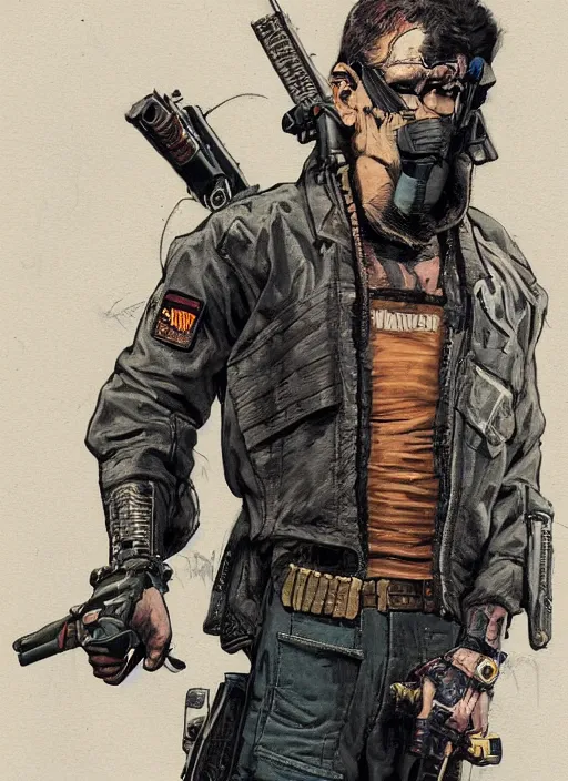 Image similar to menacing cyberpunk mercenary in military vest and jumpsuit wielding katana. dystopian. portrait by stonehouse and mœbius and will eisner and gil elvgren and pixar. realistic proportions. cyberpunk 2 0 7 7, apex, blade runner 2 0 4 9 concept art. cel shading. attractive face. thick lines.