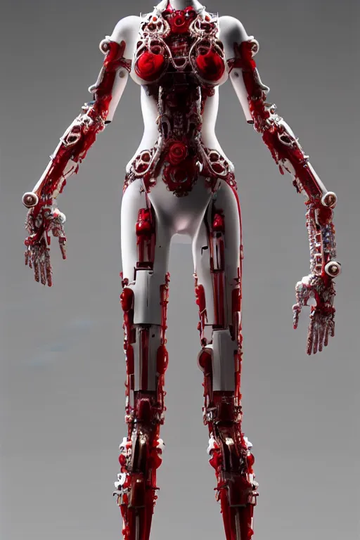 Image similar to a statue made of red marble, of an beautiful chinese girl, full body shot, perfect body, white biomechanical, inflateble shapes, wearing epic bionic cyborg implants, masterpiece, intricate, biopunk futuristic wardrobe, vogue, highly detailed, artstation, concept art, background galaxy, cyberpunk, octane render