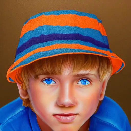 Prompt: a detailed portrait of a boy with blue eyes and blonde hair wearing an orange bucket hat, art illustration, incredibly highly detailed and realistic, 8 k, sharp focus