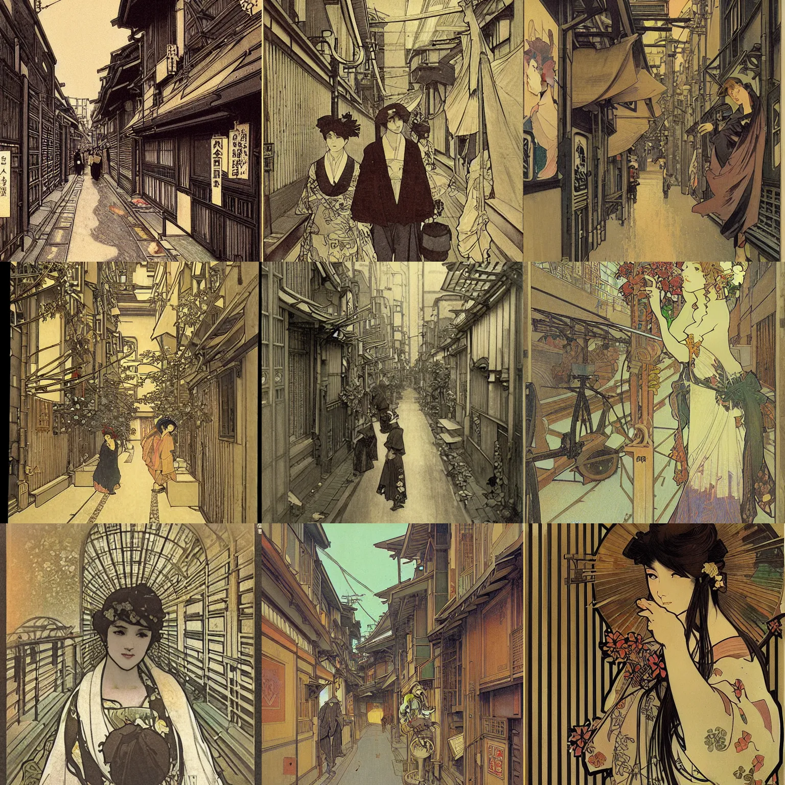 Prompt: tokyo alleyway by alphonse mucha, beautiful