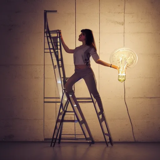 Prompt: a glowing cyborg girl, standing on a ladder, replacing a defective lightbulb. dark room.