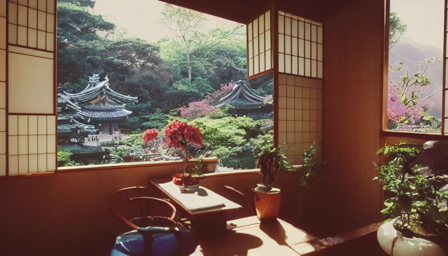 Image similar to 1 9 9 0 s candid 3 5 mm photo of a beautiful day in the a dreamy japanese flowery cottage, cinematic lighting, cinematic look, golden hour, a desk for flower arrangements has sun shinning on it through a window, temple in the distance, uhd