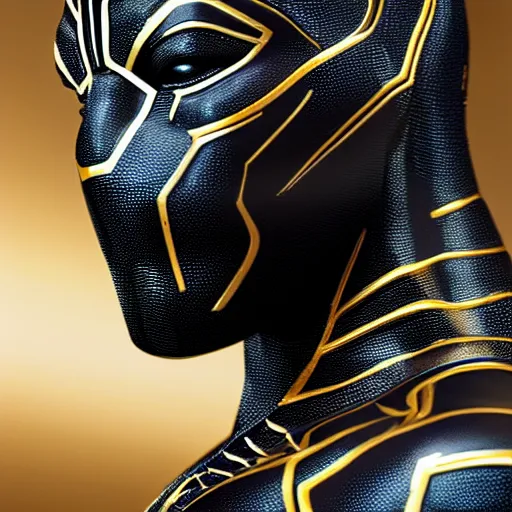 Image similar to a close up photo of a detailed golden statue of Black Panther, 8K,