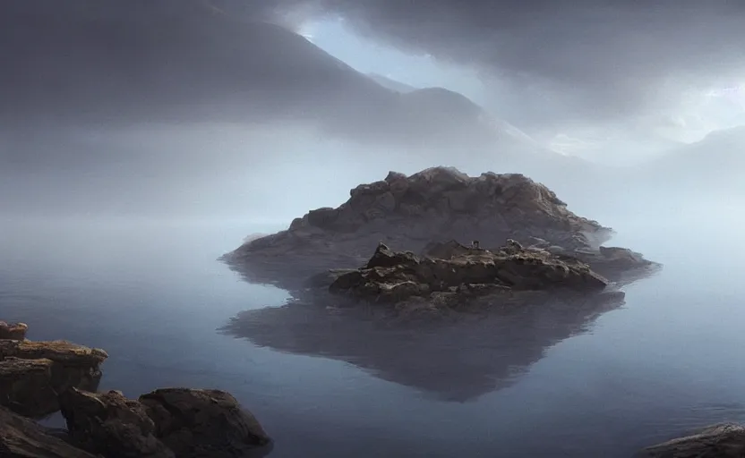 Image similar to a strange lake directed by charlie kaufman ( 2 0 0 1 ) anamorphic lenses, a rocky shore in the foreground, foggy volumetric light morning, a beam of light from the heavens, cinematic trending on artstation in the style of greg rutkowski