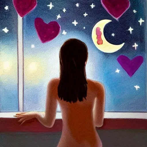 Image similar to painting of brunette girl from behind as she looks at the window at the night sky, feature the moon and hearts