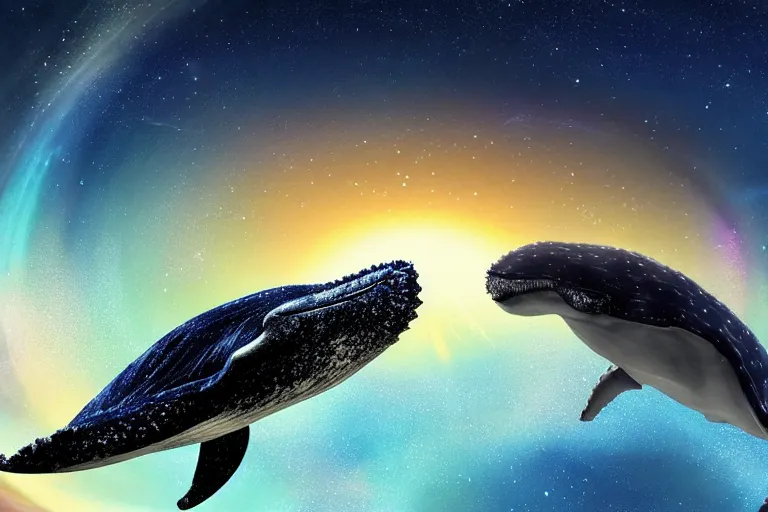 Prompt: a starpunk humpback whale swimming through the cosmos, digital art, photorealistic