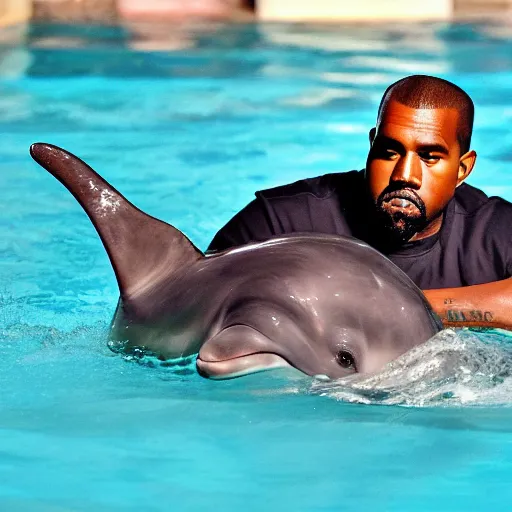 Prompt: kanye west swimming with dolphins