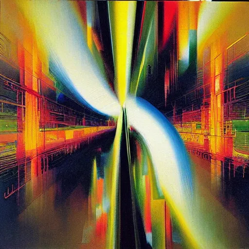 Image similar to abstract art representing momentum, oil painting by john berkey and gabriel dawe, masterwork