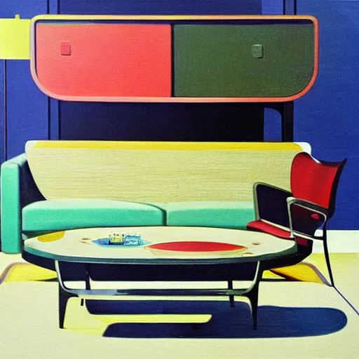 Prompt: futuristic mid century modern furniture and appliances, highly detailed painting