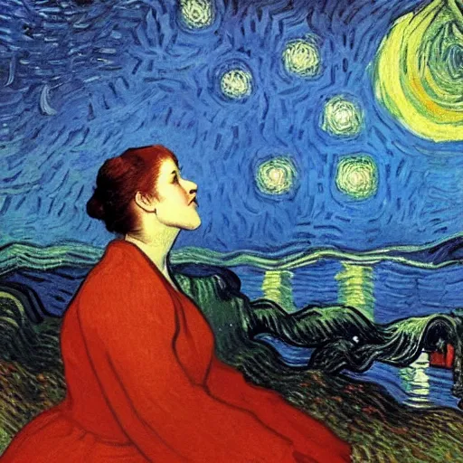 Prompt: Victorian woman singing quietly by a sacred lake at night, bright fire flies, big moon, stars, painted by Vincent van Gogh, Jacques-Louis David detailed