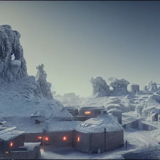 Image similar to a snowy village on mars, 8 k, highly detailed, unreal engine render