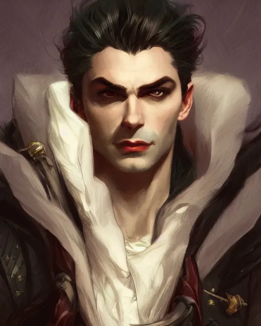 Prompt: up close portrait of a beautiful handsome male vampire looking off to the side, d & d, face, fantasy, intricate, elegant, highly detailed, digital painting, artstation, concept art, smooth, sharp focus, illustration, art by artgerm and greg rutkowski and alphonse mucha