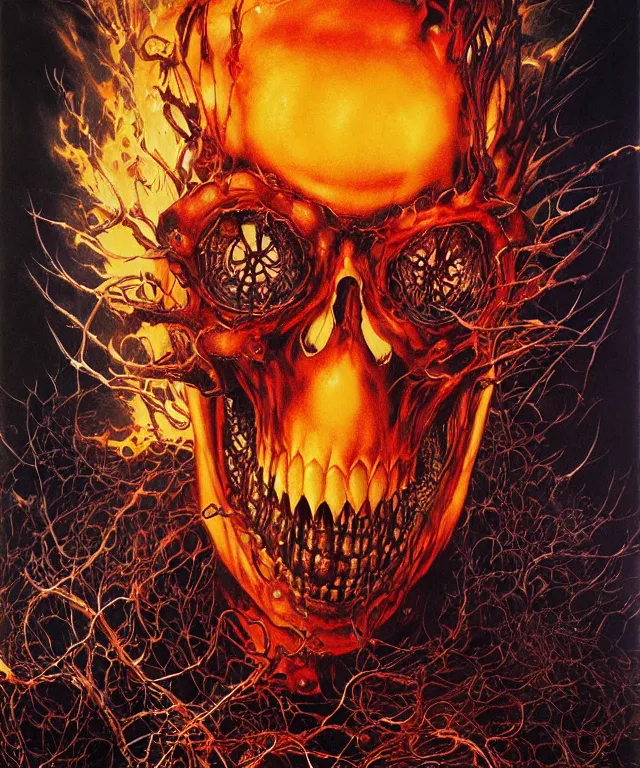 Prompt: ghost rider as a hillbilly, head and shoulders portrait, by Ayami Kojima, Amano, Karol Bak, Greg Hildebrandt, and Mark Brooks, Neo-Gothic, gothic, rich deep colors. Beksinski painting, part by Adrian Ghenie and Gerhard Richter. art by Takato Yamamoto. masterpiece